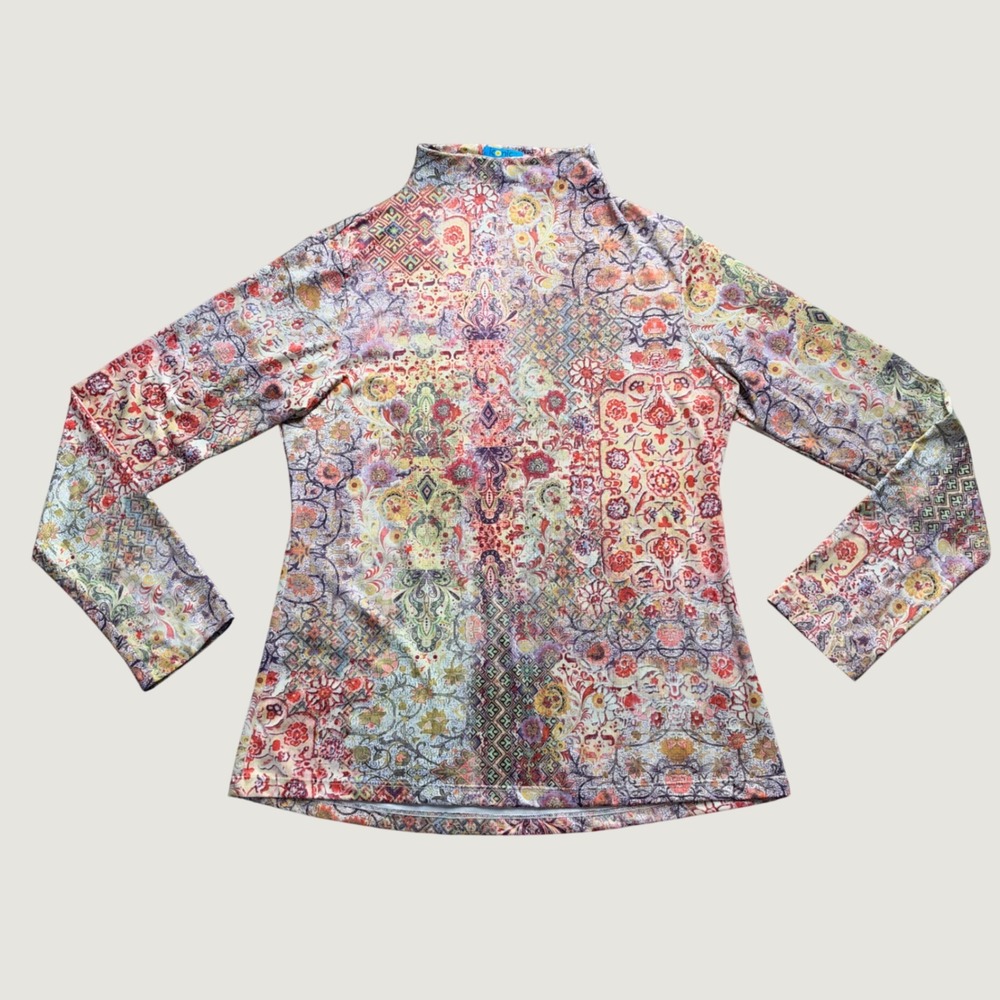 Iconic Mock Neck Top Size M Patchwork Paisley Print Long Sleeve Stretch Multi